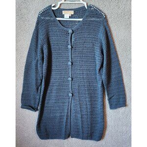 Norm Thompson Women's Long Sleeve Open Knit Button Up Duster Cardigan Blue Sz M